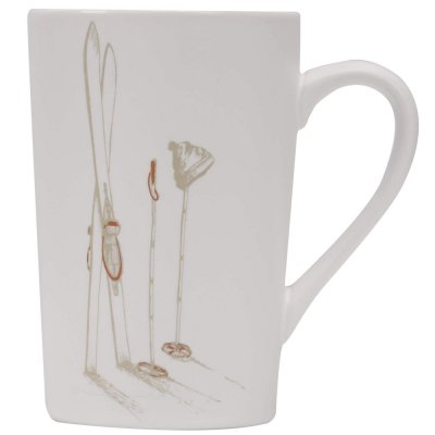 Vit hög mugg med nostalgiskt tryck med skidor - 45 cl