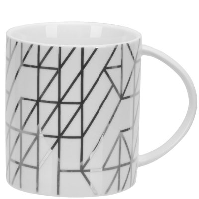 Vit kaffemugg i porslin med tryck i silver - 8,5 cm hög