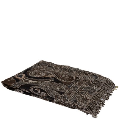 Svart pläd med fransar och paisley mönster i brun och beige - 170 x 130 cm