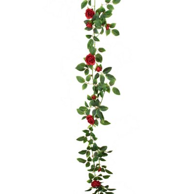 Girlang med röda rosor och gröna blad - 160 cm