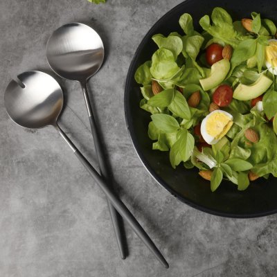 Salladsbestick, salladsset i borstad stål och svarta handtag