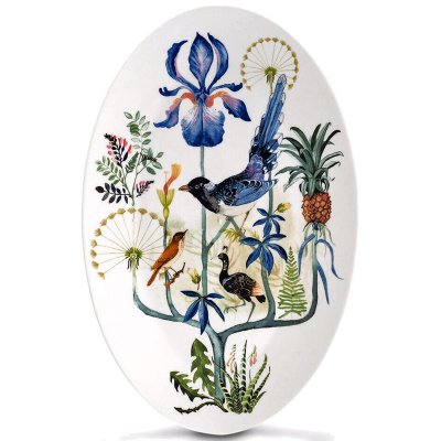ovalt serveringsfat Florytale med fågel, växter och blommor från Magnor - 38x25 cm