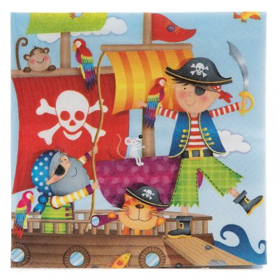 Servetter med barn, pirater, katt och papegoja - 33x33 cm