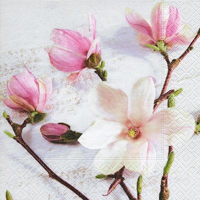 Servetter med magnoliablommor i rosa, cerise och vit