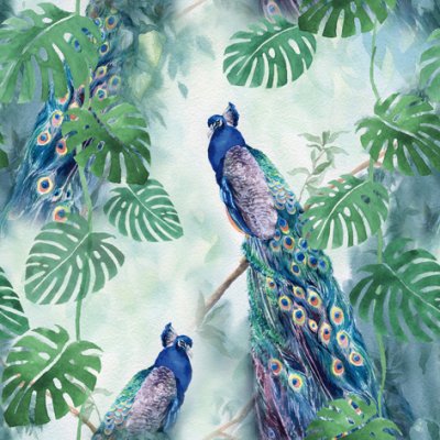 Servetter med påfåglar och gröna monsterablad - 33x33 cm