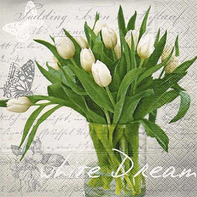 Servett med vita tulpaner i vas och gröna blad