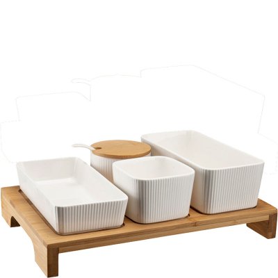Tapasset vit porslin 4 skålar och bambu bricka