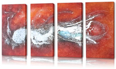Abstrakt tavla, oljemålning med silver, blå, röd, orange och terracotta -modern konst