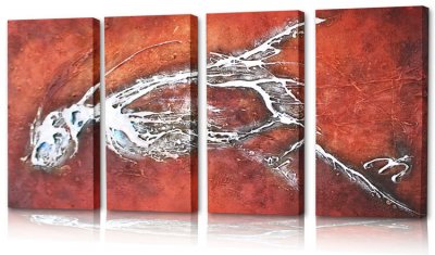 Abstrakt tavla, oljemålning, akrylmålning med silver, rött, orange och terracotta