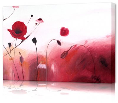 Vacker tavla, oljemålning med röda, rosa blommor i dimmigt vitt fält - Modern konst