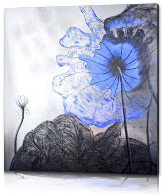 Tavla, konst, oljemålning med blomma - Blå, ljusblå, dalablå mot grå och svart bakgrund