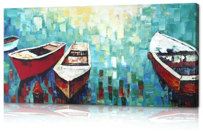 Tavla, oljemålning med båtar och hav i turkos, vit och blå - modern konst