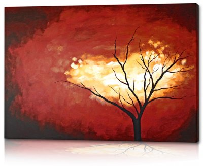 Tavla, oljemålning, konst med landskap och trädsilhouette i gul, röd, orange och svart