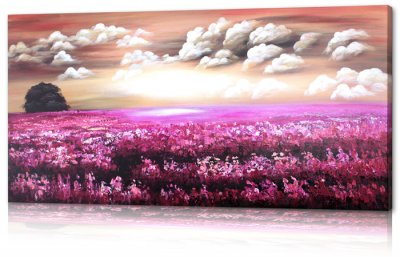 Vacker tavla, konst, oljemålning med dimmig äng i vinröd, ljusgul, beige, rosa och cerise