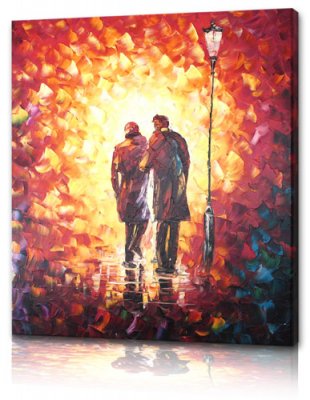 Tavla, oljemålning, modern konst med par som går ljussken från gatlykta