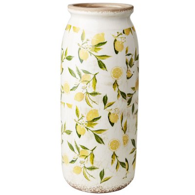 Vas, Urna med gula citroner och gröna blad på vit botten - Antikbehandlad från Affari  37cm hög