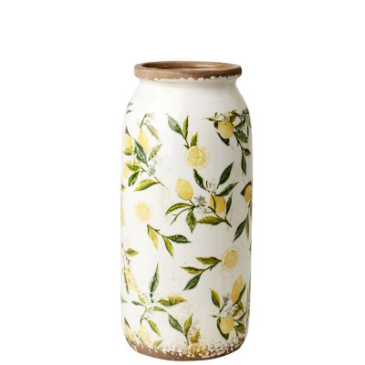 Vas, Urna med gula citroner och gröna blad på vit botten - Antikbehandlad från Affari - 31 cm hög