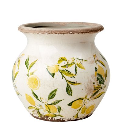 Vas, Kruka, Urna med gula citroner och gröna blad på vit botten - Antikbehandlad från Affari - 16 cm hög