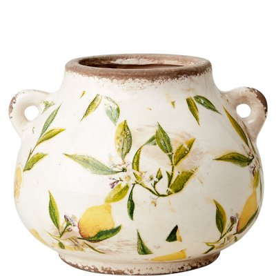 Vas, Kruka, Urna med gula citroner och gröna blad på vit botten - Antikbehandlad från Affari - Ø18cm