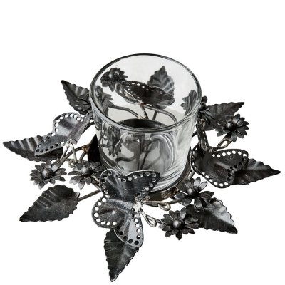 Svart värmeljushållare, ljusstake för värmeljus med fjärilar och löv - Affari 16 cm
