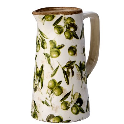 Vit vas formad som kanna tillbringare med olivmönster i grönt - Antikbhehandlad 19 cm hög Affari