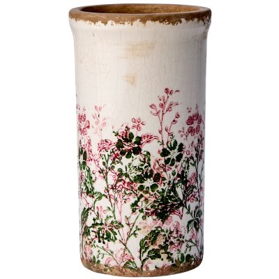 Beige vas med blommönster i grön och rosa - Antikbhehandlad 21 cm hög Affari