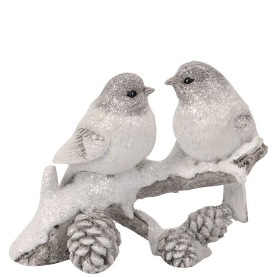 Jul-dekoration vinterfåglar på en kvist - Silverglitter 11 cm lång