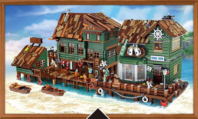 Lego komptabila byggklossar med gammal fiskebutik och hamn